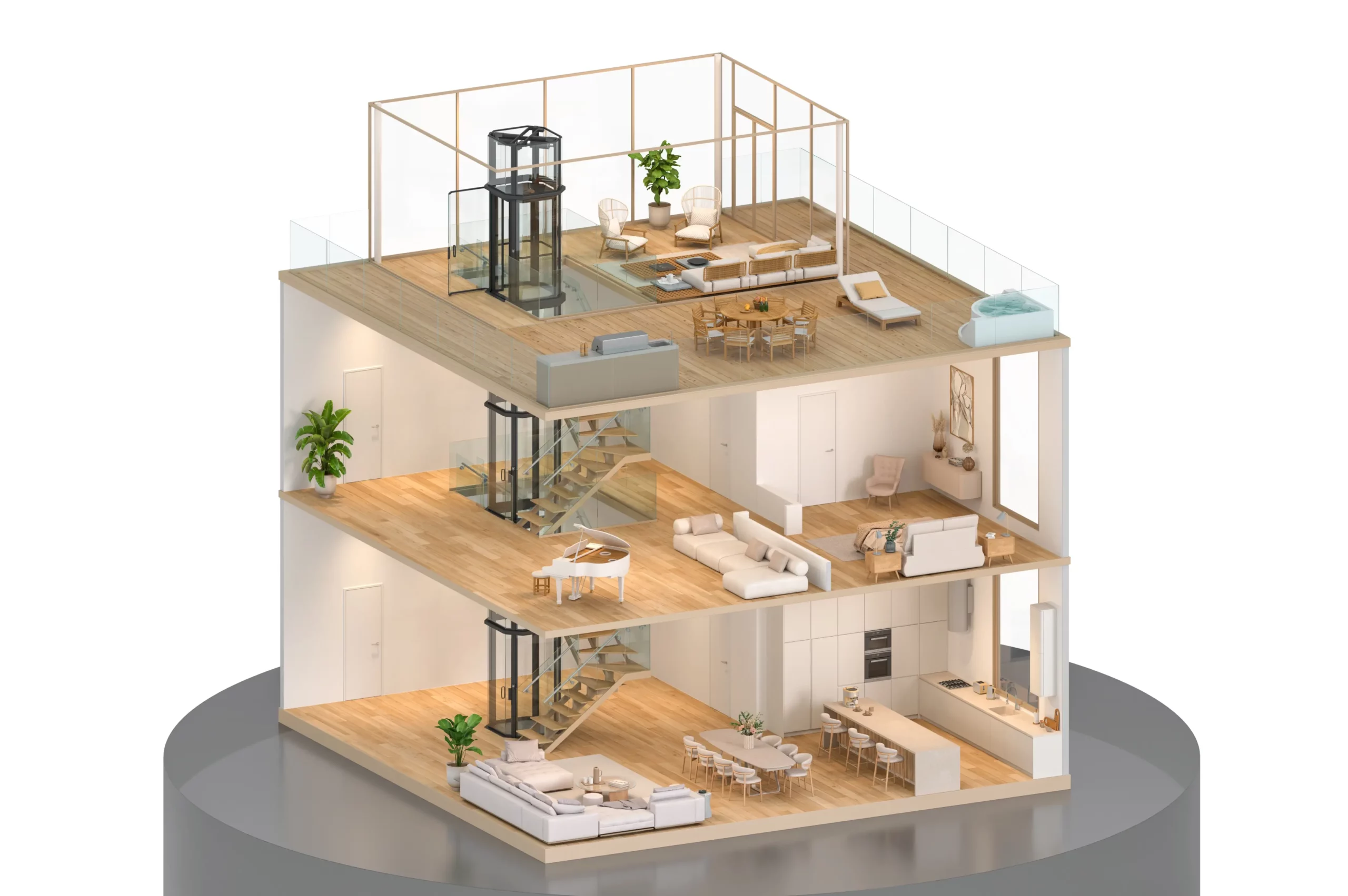 3D-Schnittansicht eines mehrstöckigen, modernen Wohnhauses mit offener Gestaltung, Möbeln und einem gläsernen Aufzug.