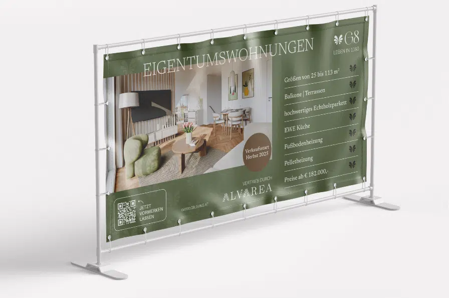 Großes Banner für Eigentumswohnungen "G8" (Wien 1160).